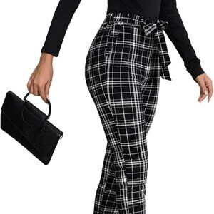 WDIRARA Women's Stretchy Tie Black White Plaid Skinny Legging Pants w/ Pockets S